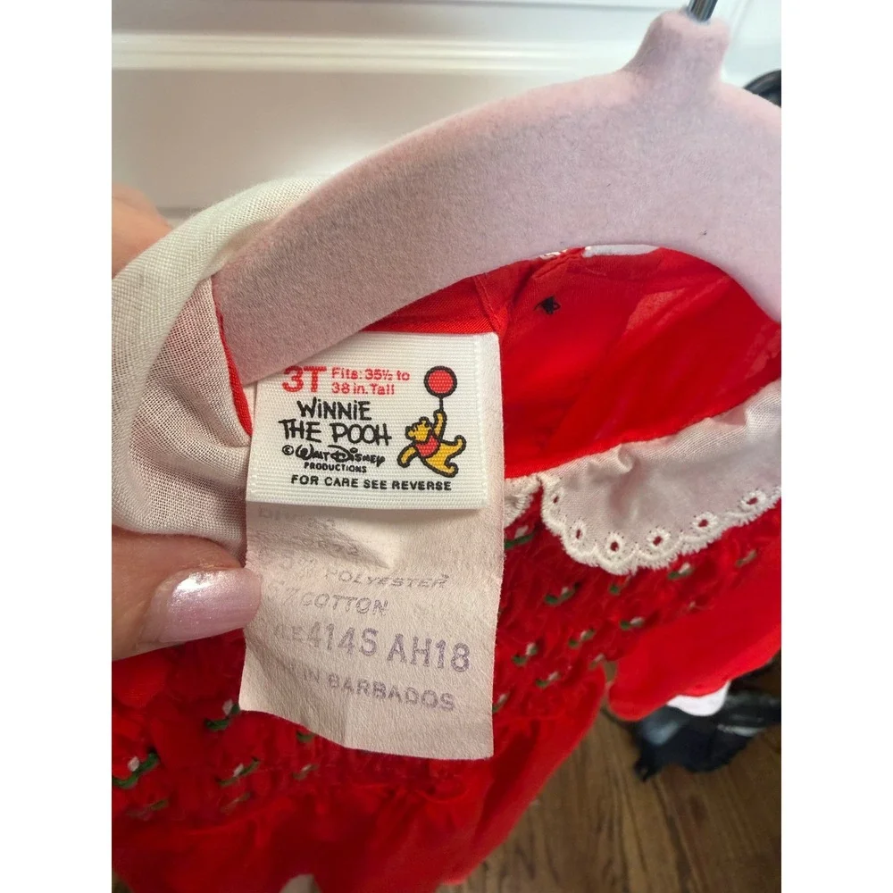 Vintage Winnie the Pooh Smocked Red Dress Eyelet Collar 3T Disney Perma-Prest